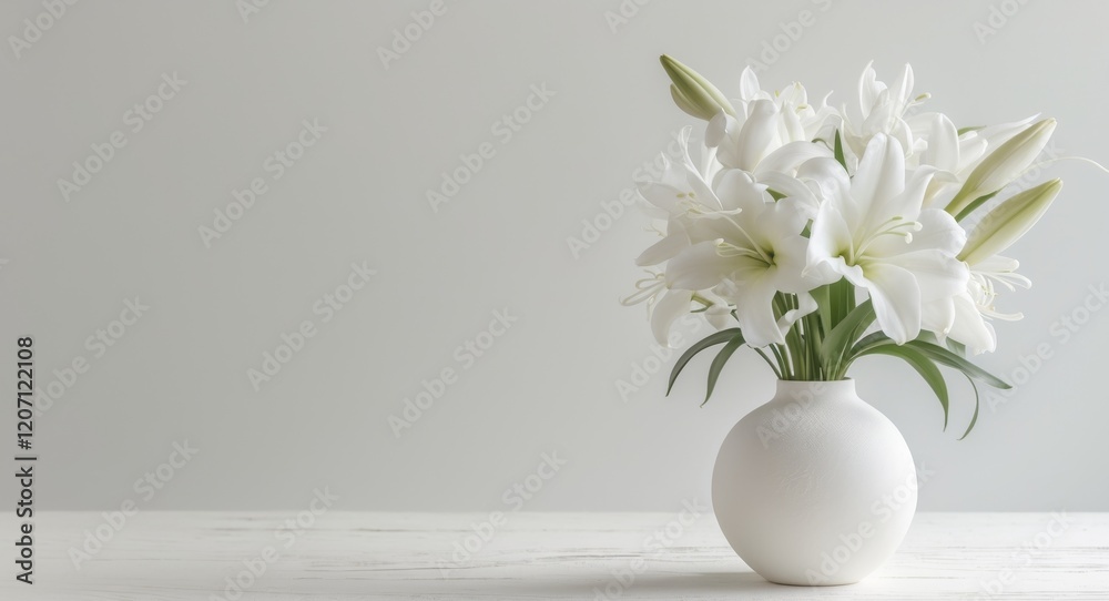A white vase with white flowers in it on a white wooden surface A white vase with white flowers in it on a white wooden surface