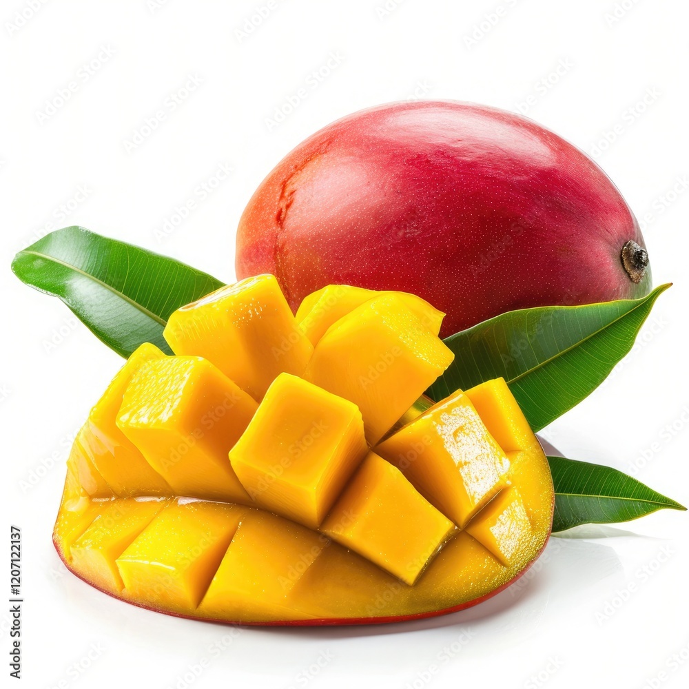 Fresh mango with vibrant red skin and sliced yellow flesh, surrounded by green leaves. Fresh mango with vibrant red skin and sliced yellow flesh, surrounded by green leaves.
