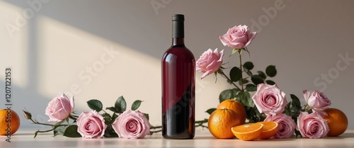 Fototapeta Naklejka Na Ścianę i Meble -  A bottle of wine surrounded by pink roses and oranges