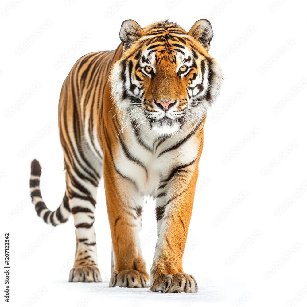 Majestic tiger walking confidently on a white background. Majestic tiger walking confidently on a white background.