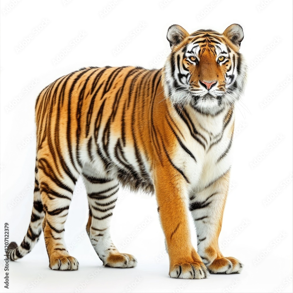 Obraz premium Majestic tiger standing confidently against a white background.