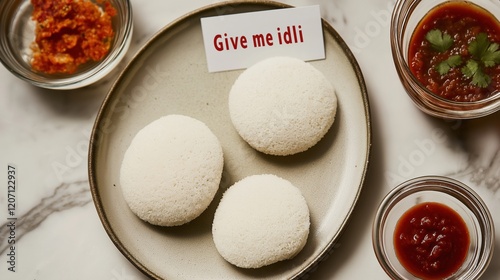 Traditional Indian Idly, arranged on a plate accompanied by various sides like sauce and chutney photo