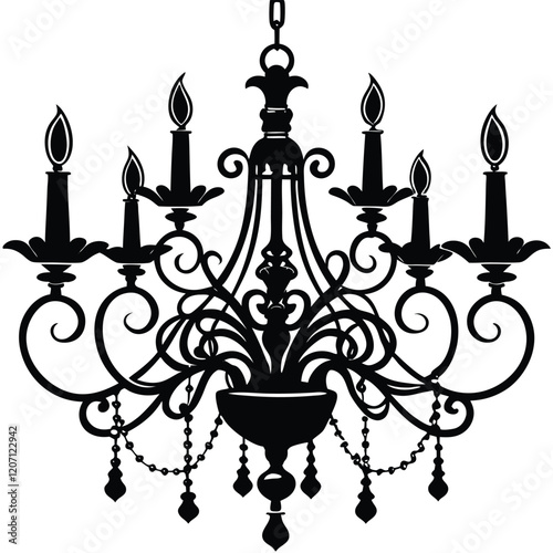 A vector silhouette of a classic hanging chandelier featuring multiple curved arms extending outward symmetrically, 