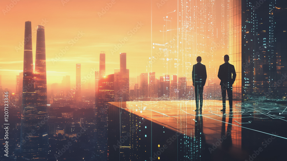 Obraz premium abstract professional business team people connection of line from nail node to node on Smart digital cityscap and skyline background , Innovation networking concept