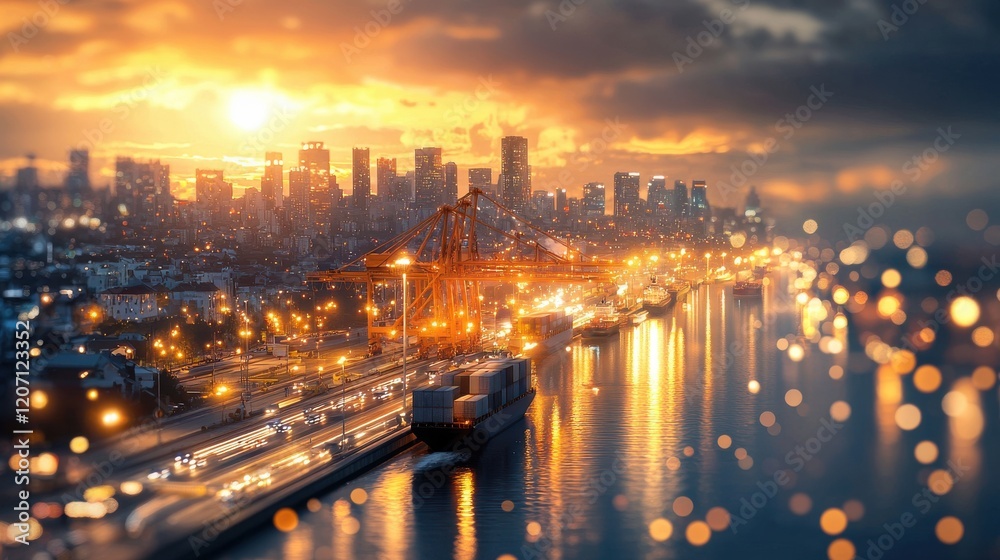 Naklejka premium Expansive transport operation in a sprawling port at sunset urban skyline reflection in water industrial scene vibrant city environment