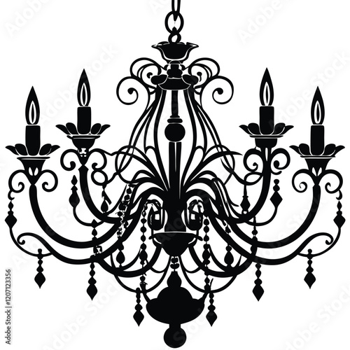 A vector silhouette of a classic hanging chandelier featuring multiple curved arms extending outward symmetrically, 