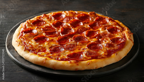 Pepperoni Pizza - Fresh homemade pizza with pepperoni, cheese and tomato sauce on rustic black stone background wirh copy space photo