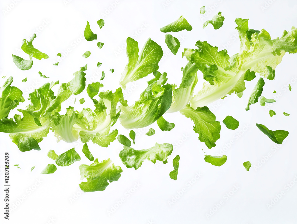 Lettuce leaves falling gracefully against a clean white background. Lettuce leaves falling gracefully against a clean white background.