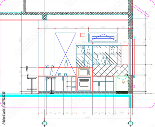 vector sketch illustration of the silhouette of a modern kitchen interior design with a size scale.eps