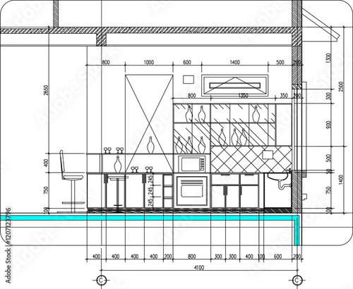 vector sketch illustration of the silhouette of a modern kitchen interior design with a size scale.eps