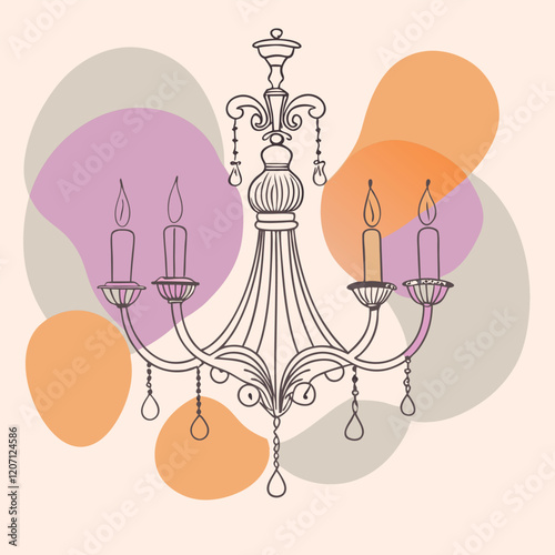 A vector silhouette of a classic hanging chandelier featuring multiple curved arms extending outward symmetrically, 