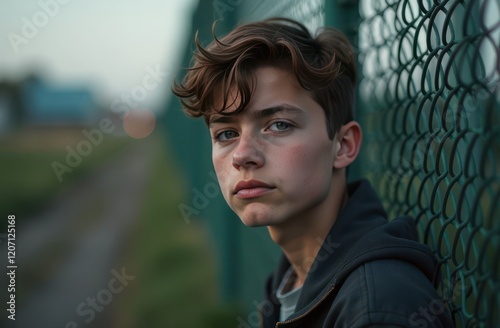 person with short brown hair standing by green fence in serene outdoor setting, soft focus. Concept of solitude, contemplation, nature connection.
