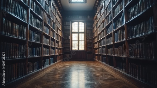 A futuristic AI-powered library suspended in the void  with shelves of glowing holographic books that stretch infinitely. Autonomous drones organize archives  casting radiant reflections onto 