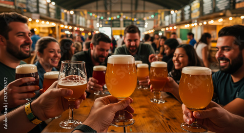 Toast, beer and people, friends at table celebrating with alcohol for party, brewery or oktoberfest. Drinking, happiness and caucasian with cheers or pub event with leisure