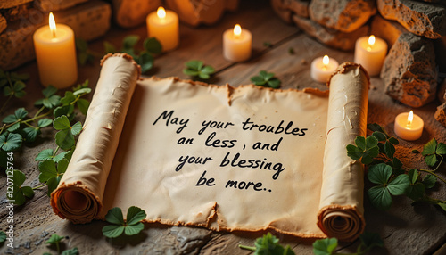 Ancient parchment scroll with Irish blessing by candlelight, serenity
