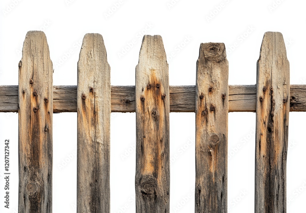 Weathered wooden fence section isolated on white.