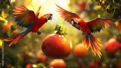 Parrot pair flying over a big fruit, parrots are colorful, decent background photo