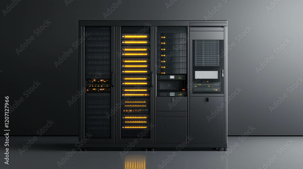 Server rack illuminating dark datacenter room with modern equipment Server rack illuminating dark datacenter room with modern equipment