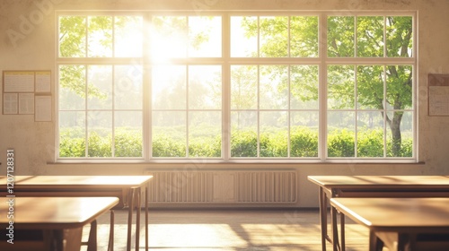 Empty classroom overlooking a garden through large windows  filled with natural light and fresh air.