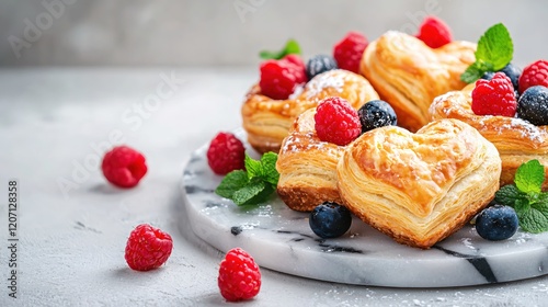 Heart shaped puff pastries with fresh raspberries and blueberries on marble surface
