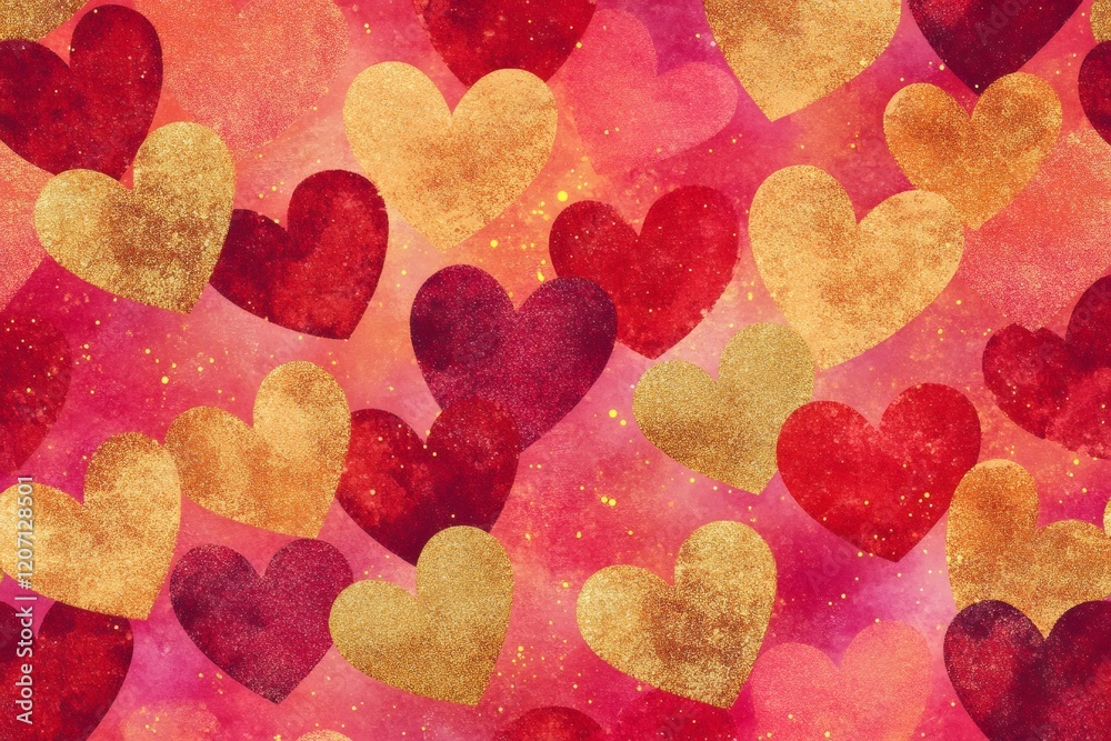 Seamless pattern featuring overlapping gold and red hearts on a pink background, creating a vibrant and romantic design