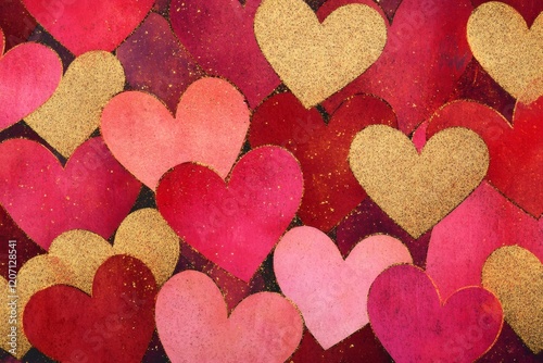 Romantic seamless pattern featuring overlapping hearts in shades of pink and red, adorned with a gold glitter effect, creating a vibrant and festive design