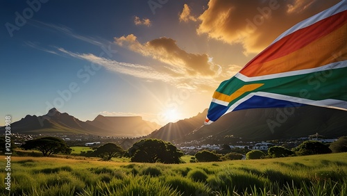 Wallpaper Mural South African flag colors in radiant sunburst over scenic Table Mountain. Travel and culture concept Torontodigital.ca