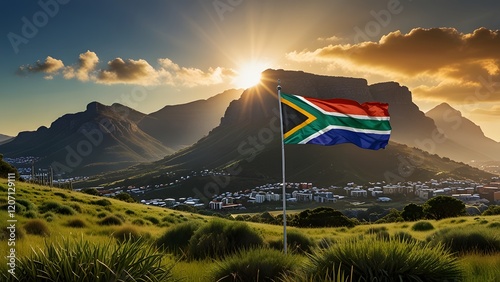 Wallpaper Mural South African flag colors in radiant sunburst over scenic Table Mountain. Travel and culture concept Torontodigital.ca