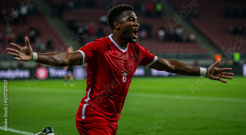 Soccer player  black man  celebrating goal on field with excitement  sport achievement and victory. Football  game and competition for championship  match and event