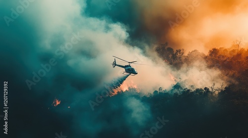 Helicopter performing water drops over a smoldering forest fire, thick smoke filling the air.