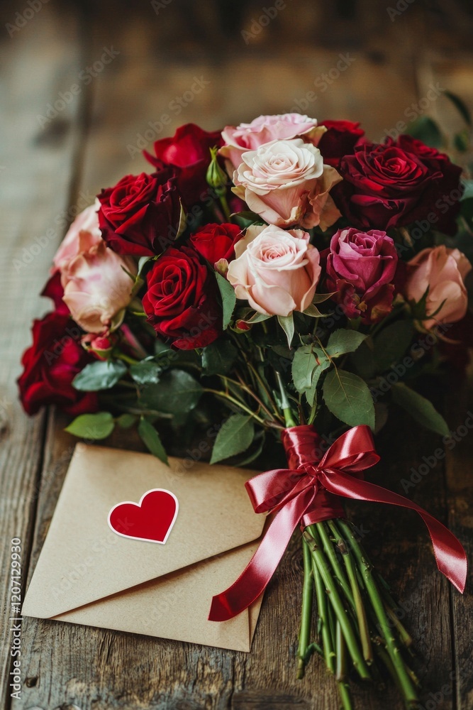 A bouquet of red and pink roses with a red love icon on a letter tied with a satin ribbon, resting on a rustic wooden table. A bouquet of red and pink roses with a red love icon on a letter tied with a satin ribbon, resting on a rustic wooden table.