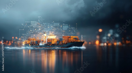 Cargo ship navigating through midocean waters holographic design display urban industry nighttime environment dramatic viewpoint innovative logistics concept