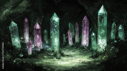 A mystical canyon carved by radiant rivers of molten crystal. Towering cliffs sparkle with embedded gemstones, and glowing pathways lead to ancient temples adorned with shimmering glyphs that 