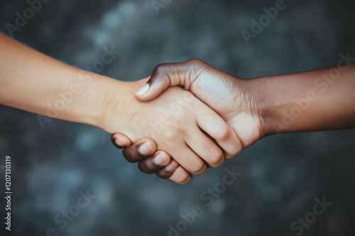 Two hands, one light skinned and one dark skinned, clasped together in a firm handshake, symbolizing racial harmony and collaboration photo