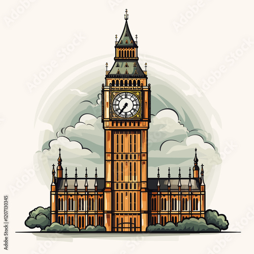Big Ben hand-drawn comic illustration. Big Ben. Vector doodle style cartoon illustration