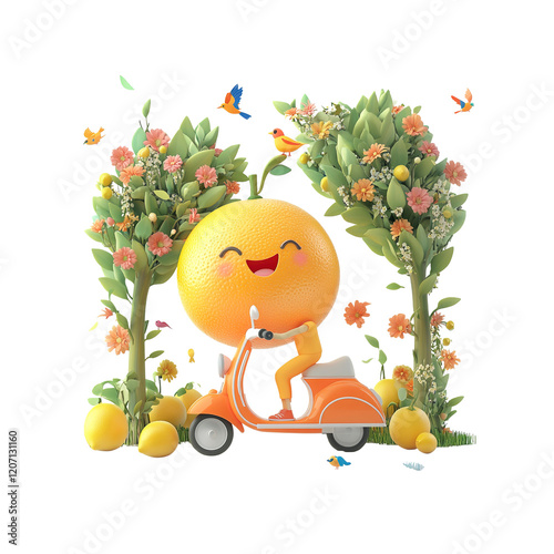 Happy Orange Riding a Scooter Through a Floral Garden