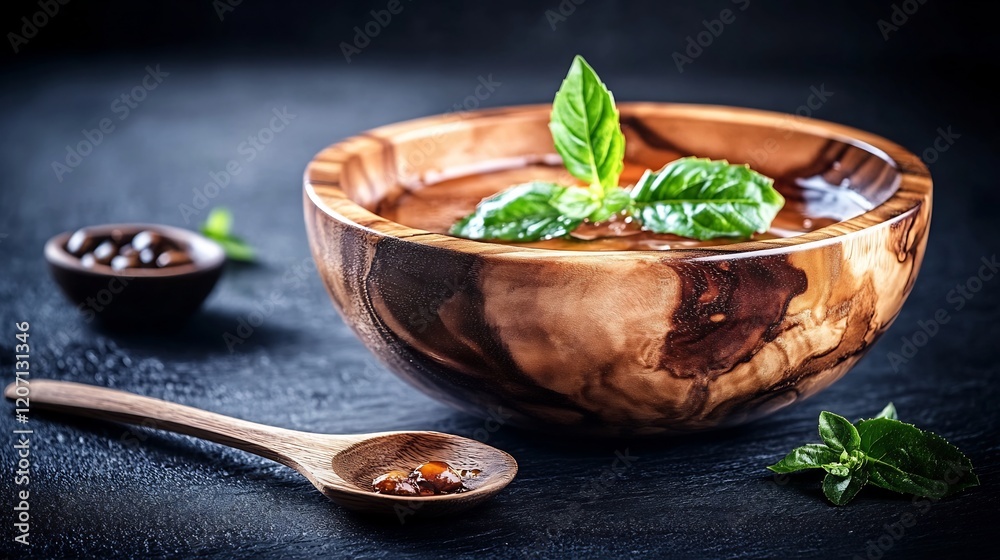 Warm light illuminates rustic wooden bowl filled with vibrant soup garnished with fresh basil leaves. AI Generated Warm light illuminates rustic wooden bowl filled with vibrant soup garnished with fresh basil leaves. AI Generated