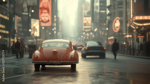 Classic car drives through a bustling city street under neon lights during the evening rush hour. Generative AI