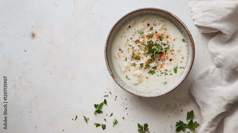 An elegant ceramic bowl filled with creamy pasta, topped with grated cheese and herbs, set against a soft white background for a sophisticated appearance An elegant ceramic bowl filled with creamy pasta, topped with grated cheese and herbs, set against a soft white background for a sophisticated appearance