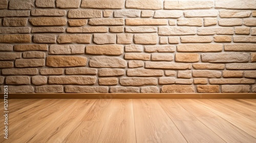 A warm-toned interior featuring a textured stone wall and wooden flooring.
