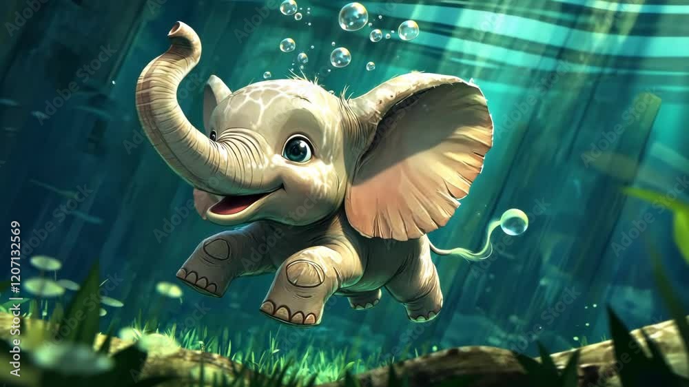 Cartoon elephant is swimming in a body of water. The elephant is smiling and has its trunk up