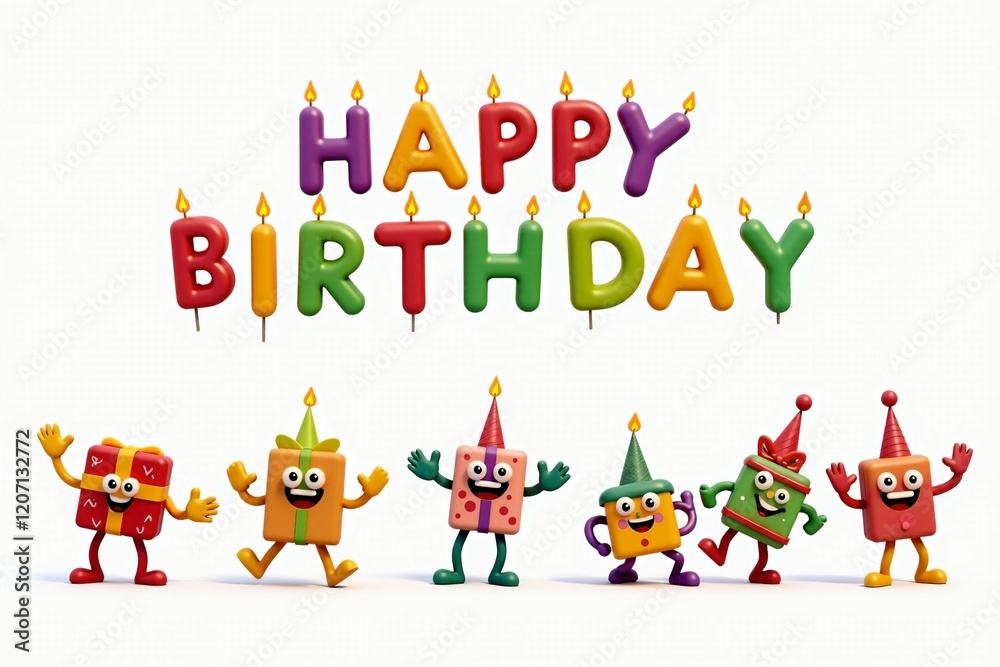 Naklejka premium Colorful Happy Birthday Letters with Animated Gift Boxes and Festive Candles in a Joyful Celebration Scene