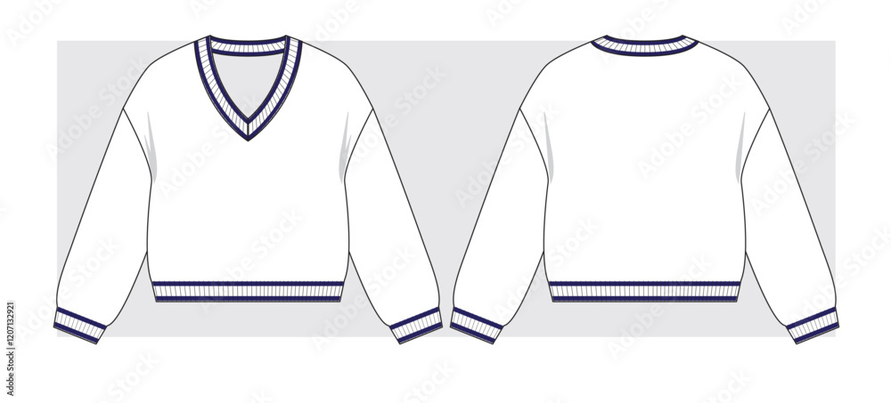 V-neck sweater with dropped shoulder and stripes on rib in marine style. Technical sketch. Vector illustration.