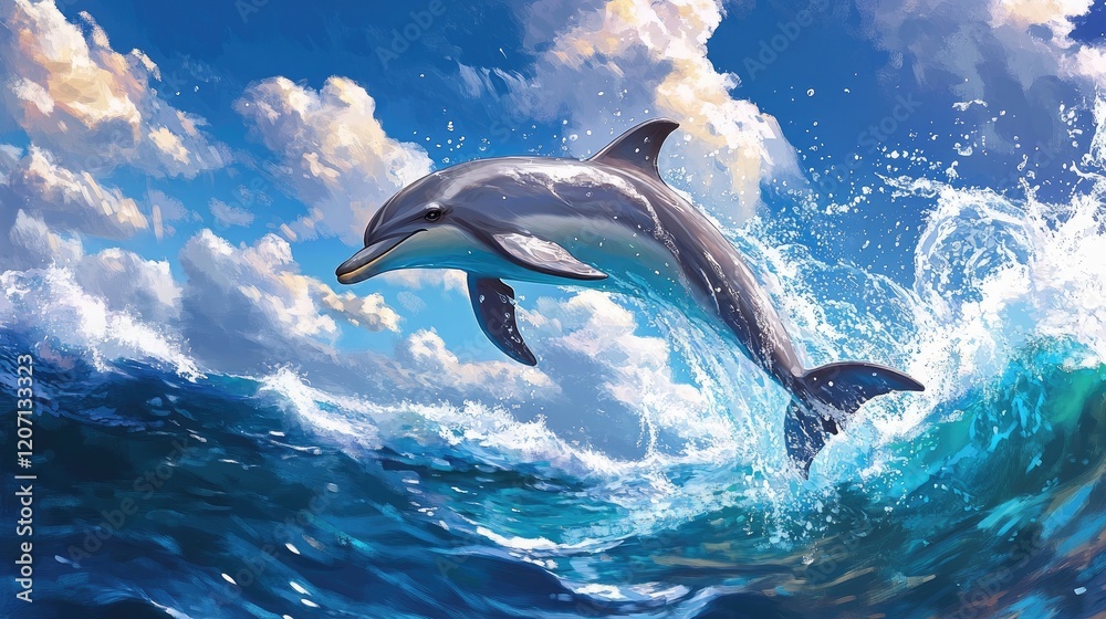 Fototapeta premium A playful dolphin leaping out of the ocean, splashing water around, showcasing its agility and the joy of marine life.