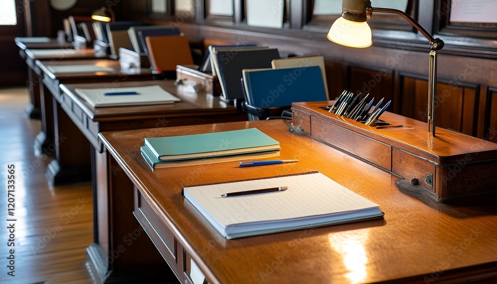 A row of wooden desks with neatly placed textbooks, pens, and a desk lamp A row of wooden desks with neatly placed textbooks, pens, and a desk lamp