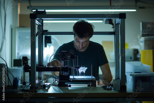 Male technician carefully monitoring a 3D printer producing a complex, transparent prototype in a modern laboratory setting
