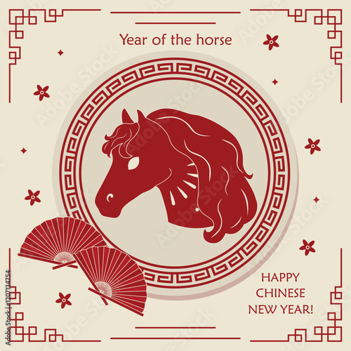 Chinese traditional poster with horse head, flowers, Chinese fan and Asian ornaments. New Year banners, posters, newsletters. Lunar New Year 2026