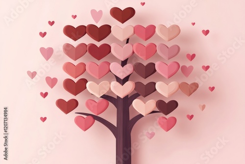 Pink and red hearts growing like leaves on a tree against a solid pink background, perfect for valentine's day projects