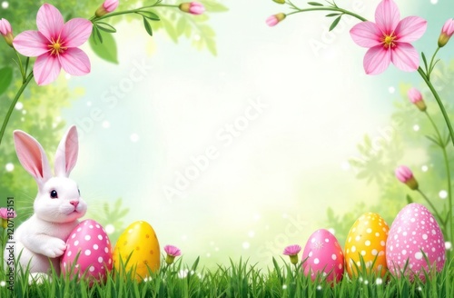 Joyful Easter scene with colorful eggs and blooming flowers