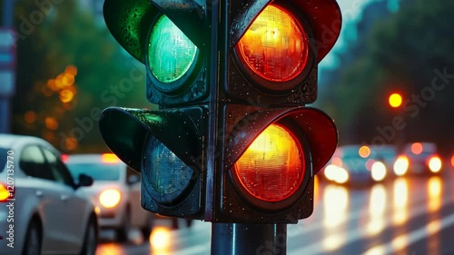 Traffic light with a green light on top and a red light on the bottom. The traffic light is located on a street with cars driving by